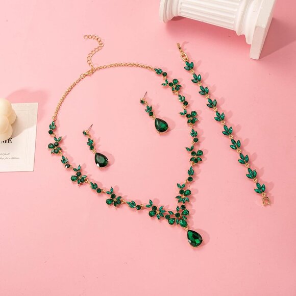 Emerald Green Crystal Jewelry Set Wedding Prom Bridesmaids Gift Jewelry - Picture 5 of 7